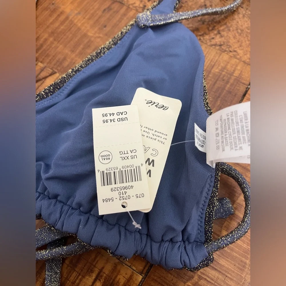 NWT Aerie Sparkle String Triangle Bikini Top in Blue Gold - Size XXL